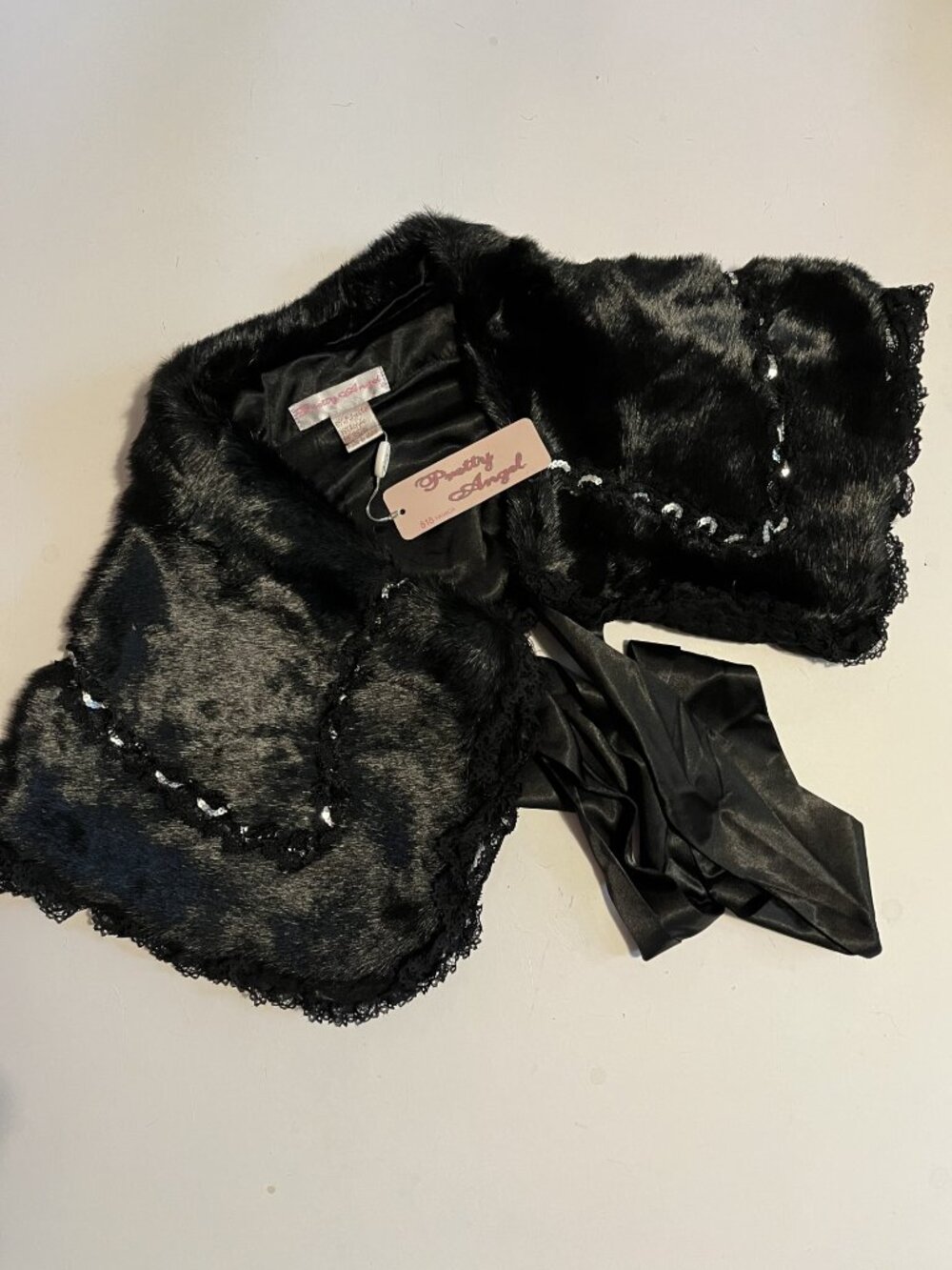 Pretty Angel Black Faux Fur Cape with Sequins, black lace trim